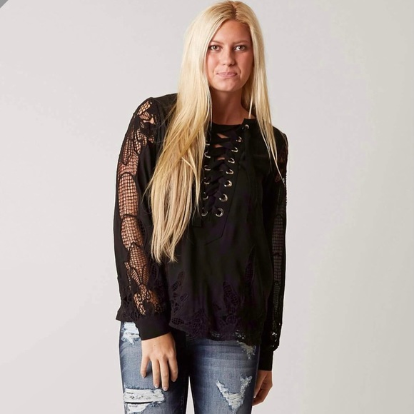 gimmicks by BKE Tops - Buckle Gimmicks black lace up crochet top shirt